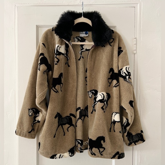 Ocean East Jackets & Coats Vintage Sherpa Horse Print Jacket Coat